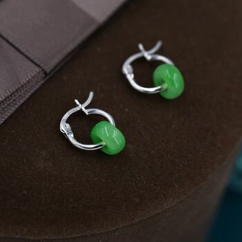 Sterling Silver Green Jade Donut Huggie Hoop Earrings, 2 of 12