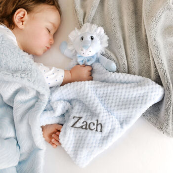 Personalised Blue Sherpa Blanket And Lion Comforter Set, 2 of 8