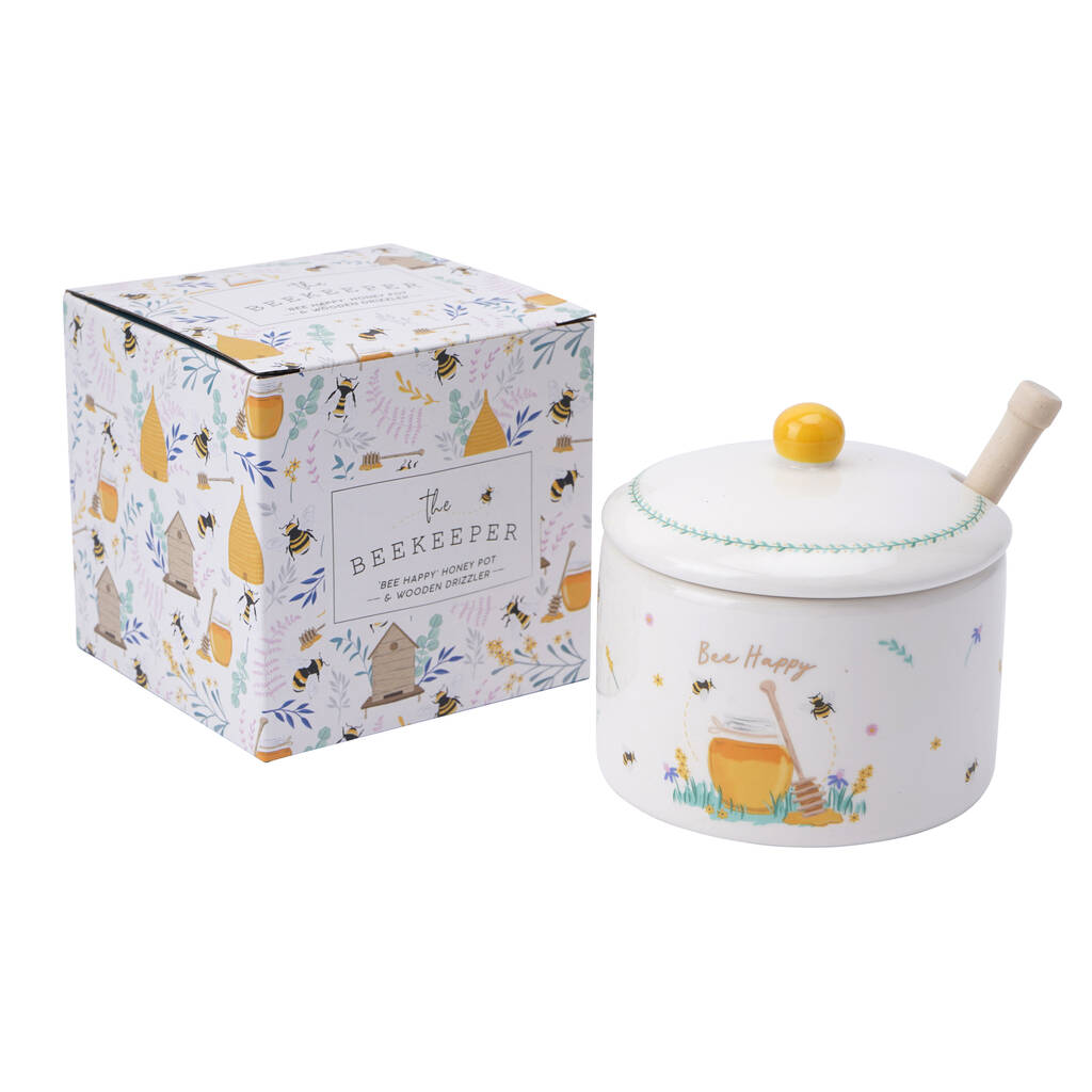 Ceramic 'Bee Happy' Honey Pot And Drizzler In Gift Box, 1 of 4
