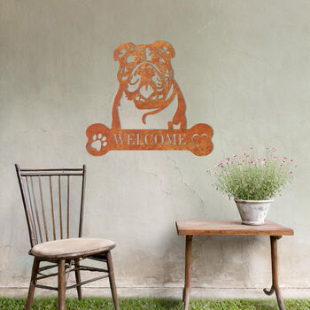 Customisable Bulldog Welcome Metal Wall Art Sign For Home And Garden Decor, 6 of 11