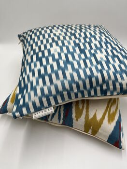Square Ikat Silk Cushion Vibrant Blue Tile, 5 of 8