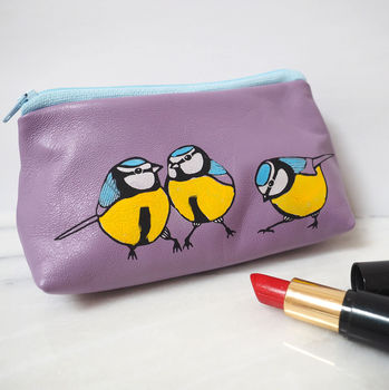 Blue Tits Small Leather Makeup Bag, 5 of 8