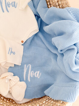 White Personalised Embroidered New Baby Name Long Sleeve Knitted Romper, 12 of 12