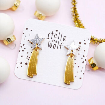 Silver Glitter And Gold Acrylic Shooting Star Earrings, 3 of 6