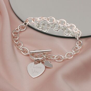 Solid Silver T Bar Bracelet With Engraved Heart Charm, 3 of 6