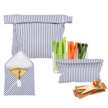 Set Of Three Striped Cotton Re Usable Work Lunch Bags, 2 of 11