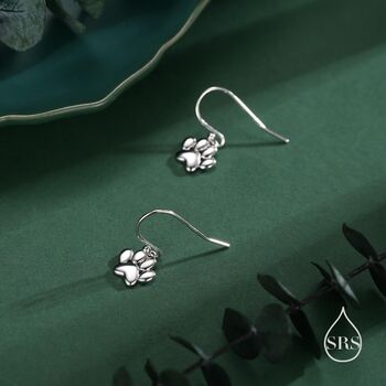 Sterling Silver Paw Print Drop Hook Earrings, 3 of 11