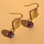 Gold Heart And Purple Bead Drop Earrings, thumbnail 1 of 3