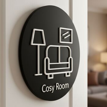 Living Room Door Sign In Matte Black Acrylic With Raised Sofa Design, 6 of 6