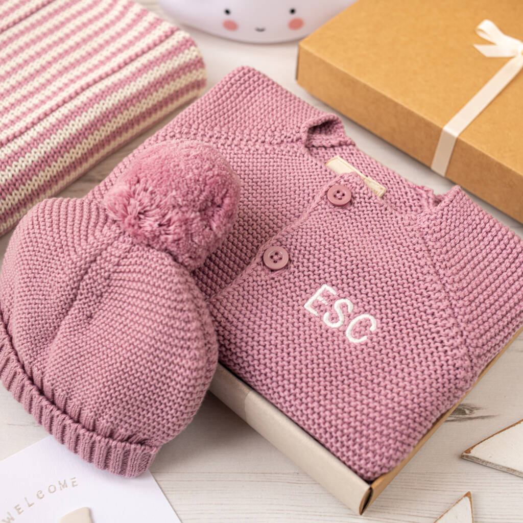 Luxury Dawn Pink Bobble Hat And Cardigan Baby Gift Box, 1 of 10