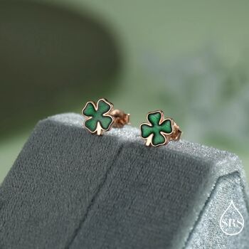 Sterling Silver Four Leaf Clover Enamel Stud Earrings, 3 of 12