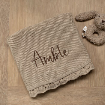Personalised Knitted Baby Blanket In Caramel, 3 of 4