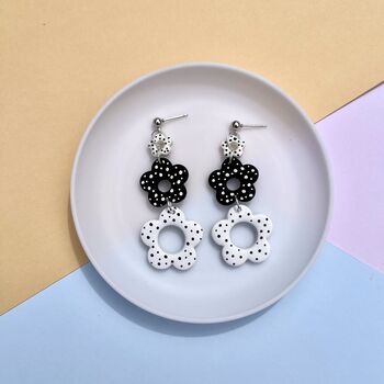 Polka Dot Black And White Flower Polymer Clay Earrings, 3 of 4
