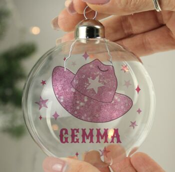 Personalised Cowgirl Hat Glass Christmas Bauble, 2 of 3