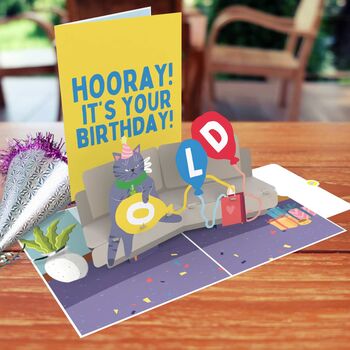 Hooray You're Old! Funny Birthday Card With Grumpy 3D Pop Up Cat, 7 of 7