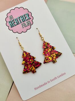 Gold And Red Christmas Tree Glitter Resin Earrings / Festive Jewellery / Christmas Gift, 2 of 10