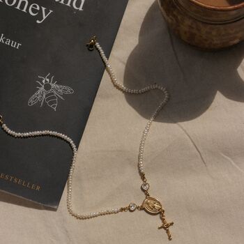 Handmade Freshwater Pearl Rosary Choker With Rose Cross Charm, 9 of 10