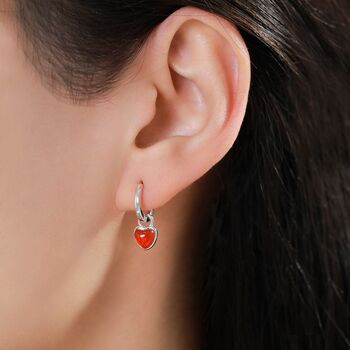 Sterling Silver Natural Red Onyx Heart Dangle Huggie Hoop Earrings, 6 of 11