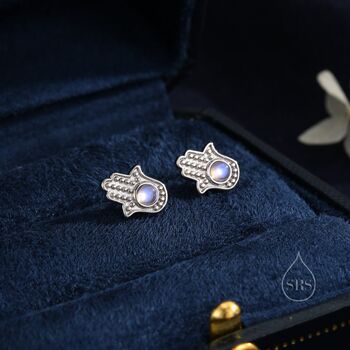 Sterling Silver Moonstone Hamsa Hand Stud Earrings, 3 of 10