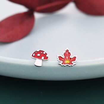 Mismatched Enamel Maple Leaf And Mushroom Stud Earrings In Sterling Silver, 4 of 11