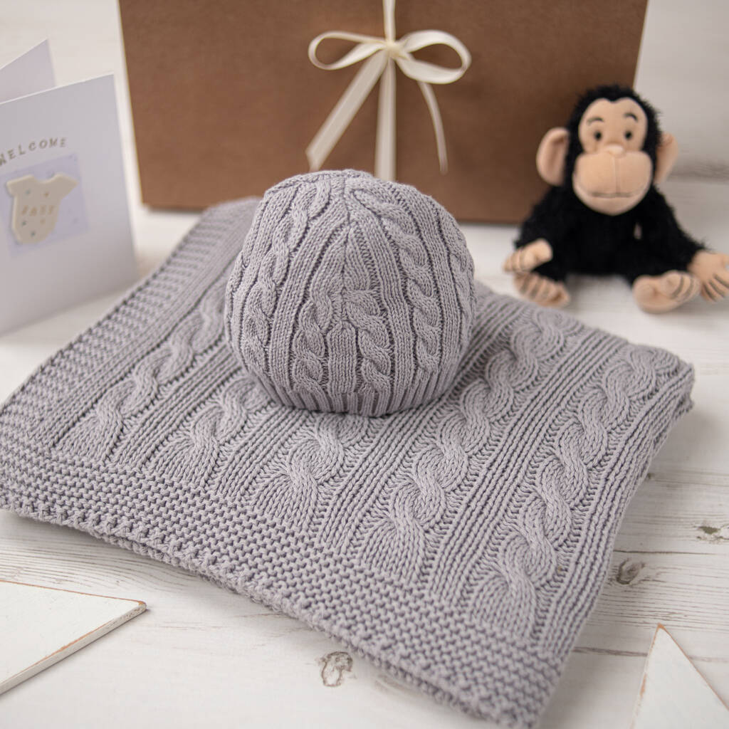 Baby Boys And Girls Cable Blanket And Hat Gift Set By Toffee Moon