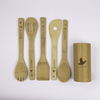 Bamboo Cooking Utensils Set With Holder, 3 of 11
