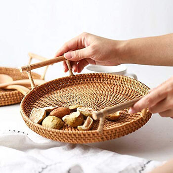 Rattan Round Serving Tray With Wood Handles, 3 of 4