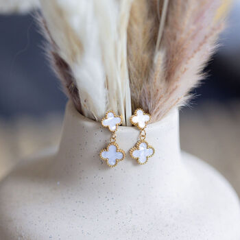 White Twin Clover Earring In 18 K Gold Plate, 2 of 4