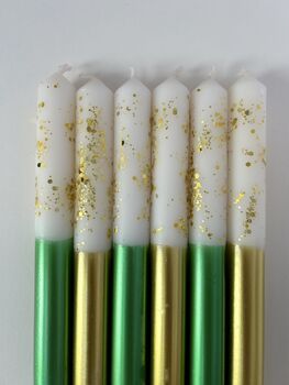 White, Gold And Green Glitter Christmas Candles Six Pack 'Angel Wings And Mistletoe Kisses', 2 of 4