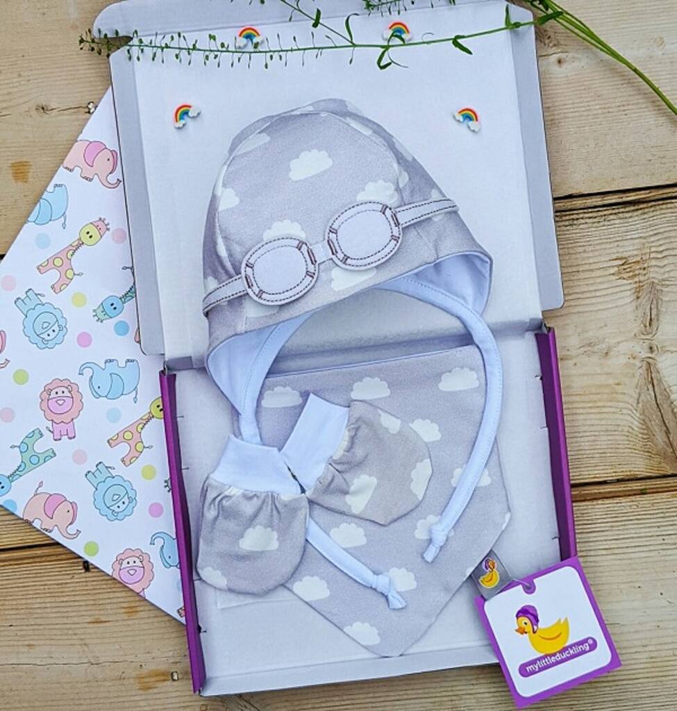 Image of Grey Clouds Hat, Bib And Mittens Set