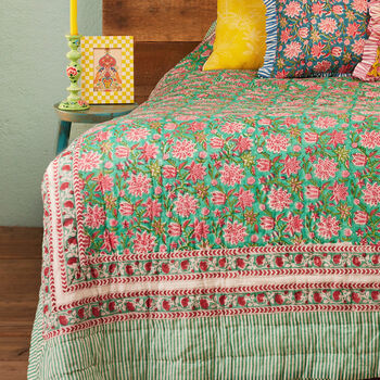 Green Sanganeri Block Print Reversible Quilt Boho, 2 of 7