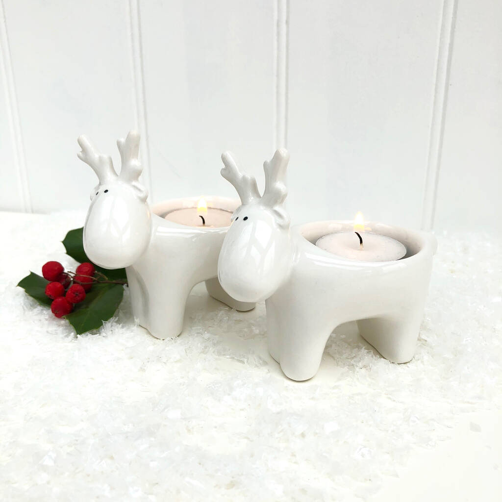Pair Of White Ceramic Reindeers, 1 of 3