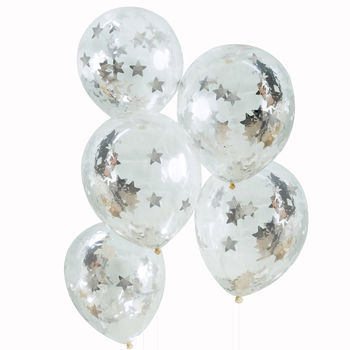 Pack Of Five Silver Star Confetti Clear Party Balloons, 2 of 2