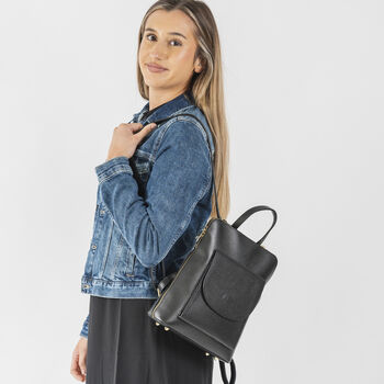 Square Top Classic Black Leather Rucksack, 3 of 8