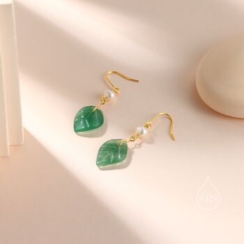 Sterling Silver Dangling Carved Jade Leaf Earrings With Natural Freshwater Pearls, 2 of 12
