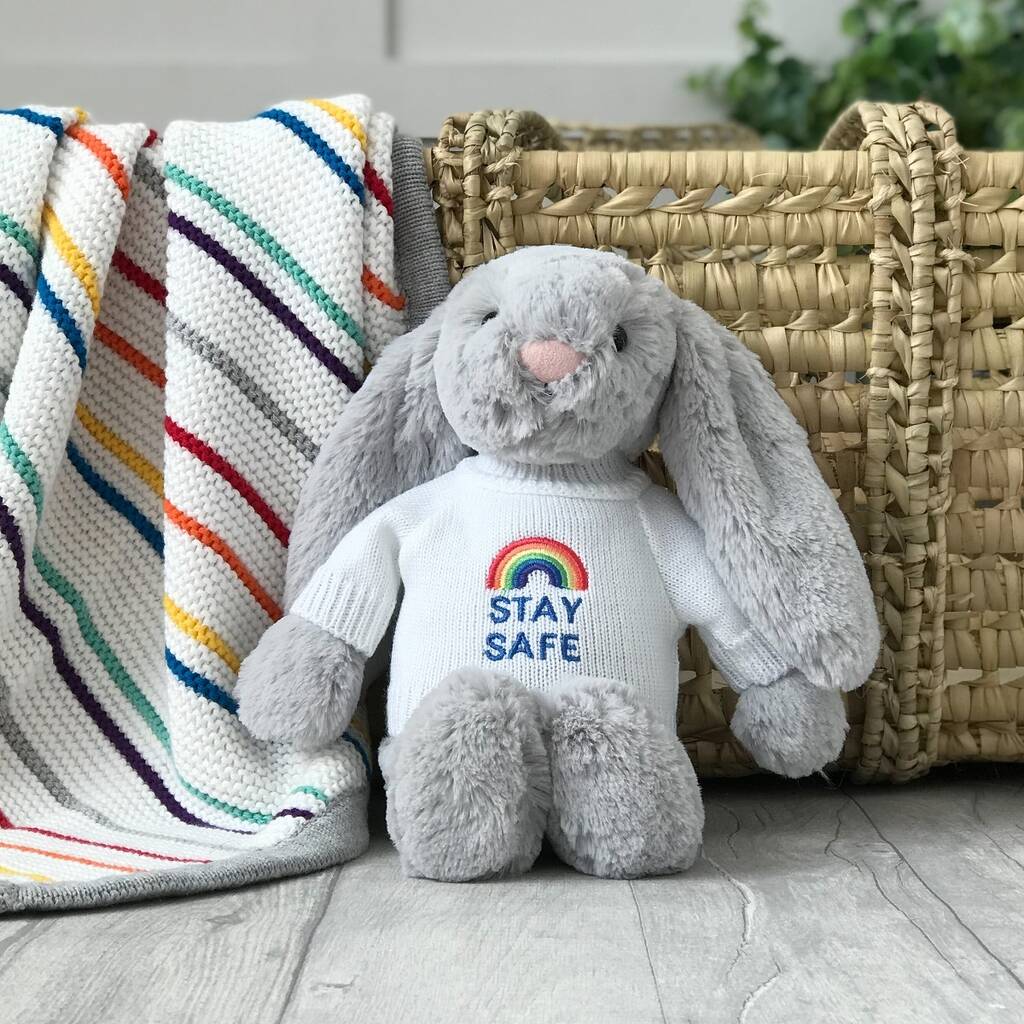 Image of Medium Bashful Bunny Toy With Rainbow Stay Safe Jumper