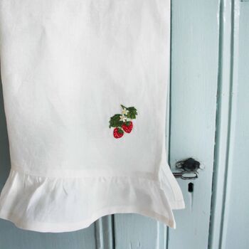 Luxury Strawberry Hand Embroidered Ruffle Tea Towel, 2 of 4