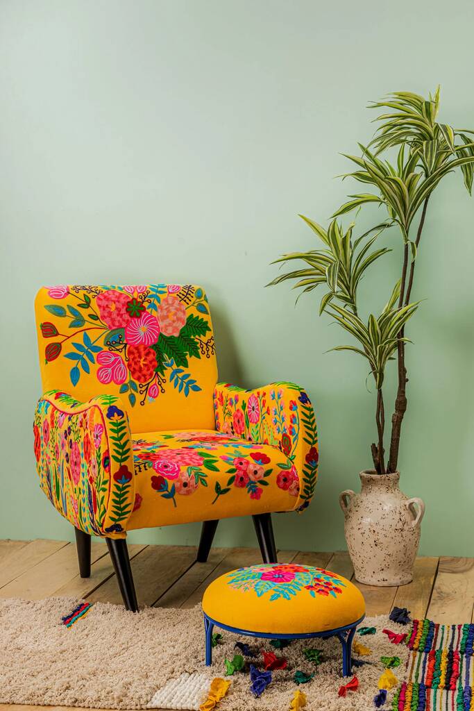 Yellow Floral Embroidered Velvet Wooden Armchair, 1 of 7