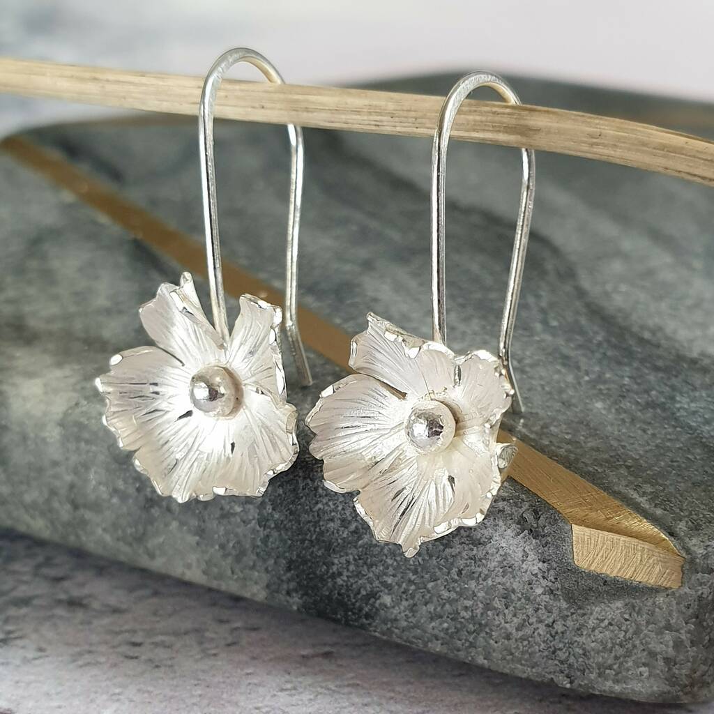 Handmade Silver Flower Drop Earrings, 1 of 3