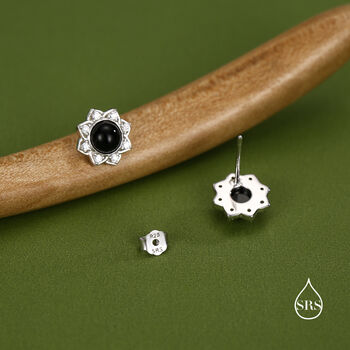 Vintage Inspired Black Onyx Flower Cz Stud Earrings In Sterling Silver, 4 of 12