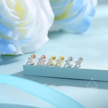 Tiny Mismatched Moon And Star Internally Threaded Flat Back Earrings In Sterling Silver, 7 of 11