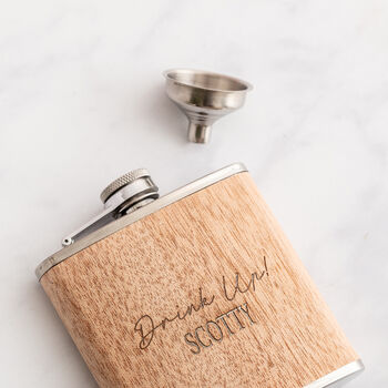 Engraved Wood Drink Up Personalised Hip Flask, 2 of 3