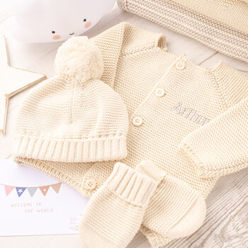 Luxury Baby Boys Cardigan, Bobble Hat And Mittens Set, 6 of 11