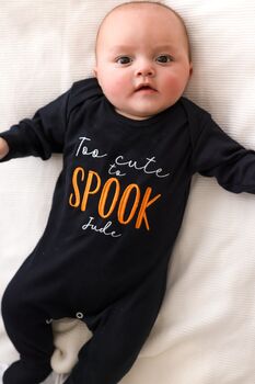 Too Cute To Spook Halloween Embroidered Personalised Babygro Sleepsuit, 2 of 4