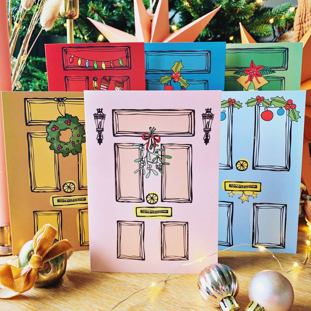 Six Christmas Doors Card Set Recycled, 1 of 9
