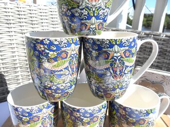 Set Of Six Aspen Mugs In Blue Strawberry Thief Design, 5 of 12