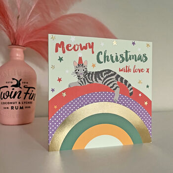 Over The Rainbow Meowy Christmas Grey Tabby Cat Card, 2 of 2