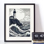 Linocut Style Lighthouse Art Print, thumbnail 1 of 2