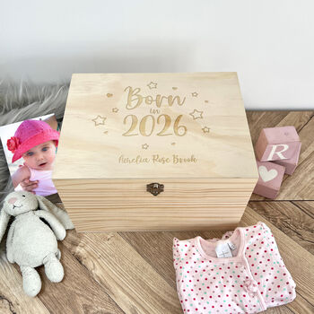 Personalised Born In 2026 Stars Engraved New Baby Keepsake Box Five Sizes 16cm | 20cm | 26cm | 30cm | 36cm, 2 of 7