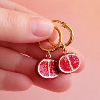 Handmade Pomegranate Charm Gold Plated Hoop Earrings, 2 of 5